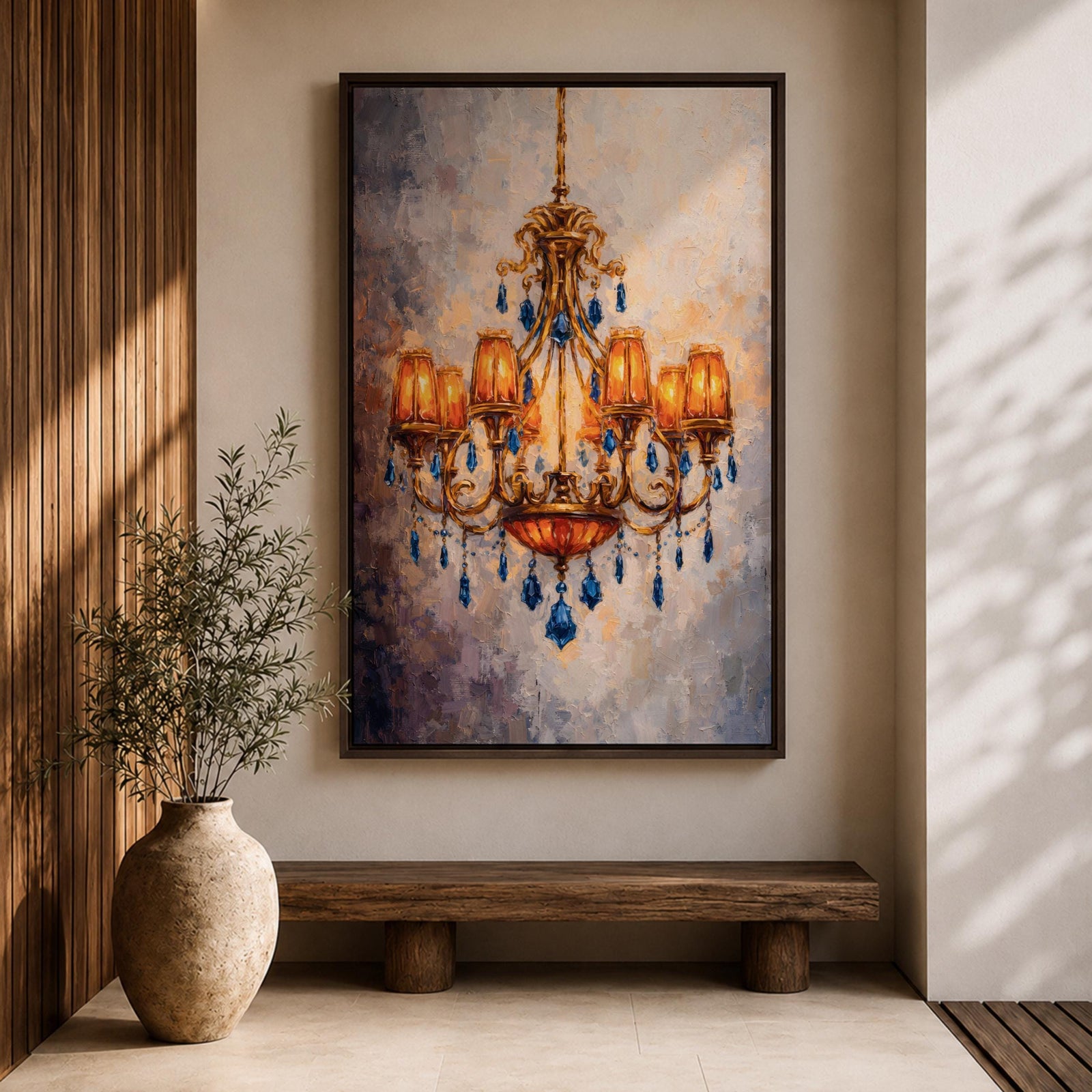 Chandelier Wall Art French Lighting Framed Canvas Blue Gold Baroque Elegant Classic Wall Decor