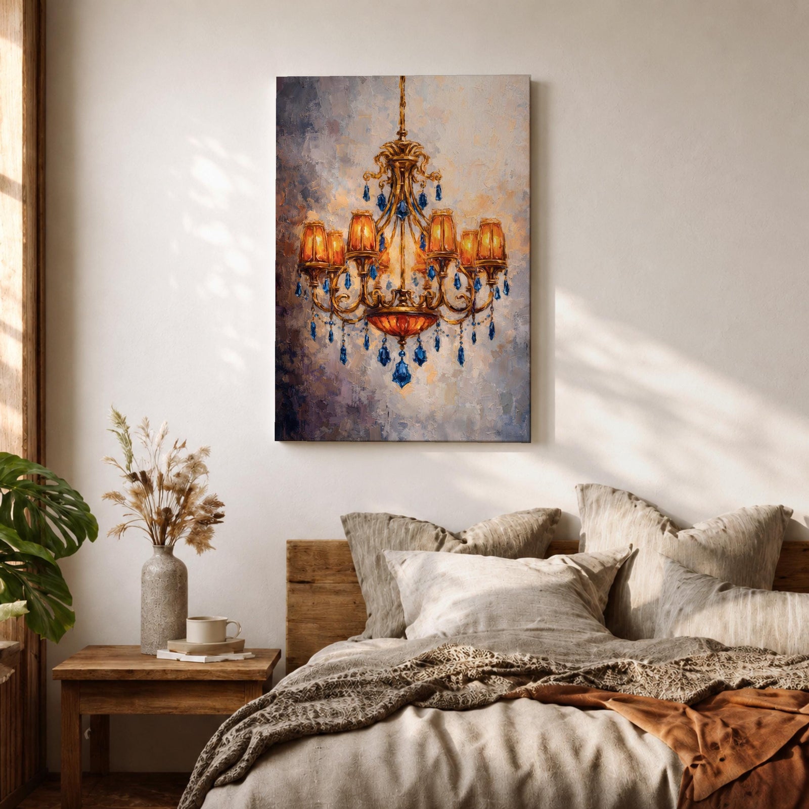 Chandelier Wall Art French Lighting Framed Canvas Blue Gold Baroque Elegant Classic Wall Decor