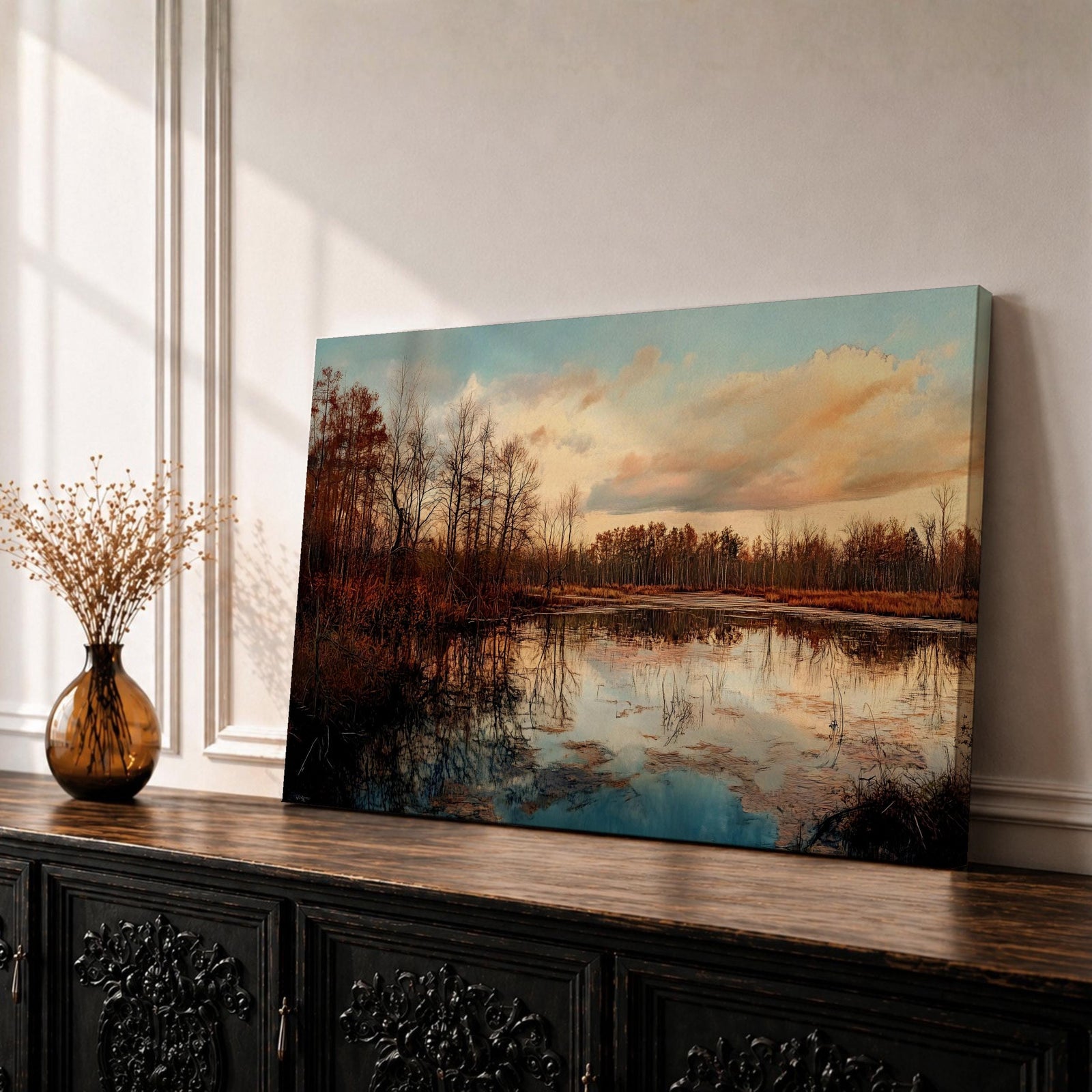Lake Sunset Wall Art Marshland Framed Canvas Autumn Wetland Vintage Rustic Home Decor