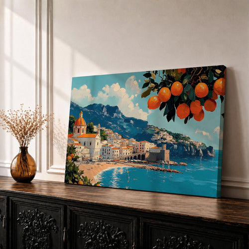 Amalfi Coast Wall Art Positano Italy Framed Canvas Mediterranean Seascape Living Room Decor