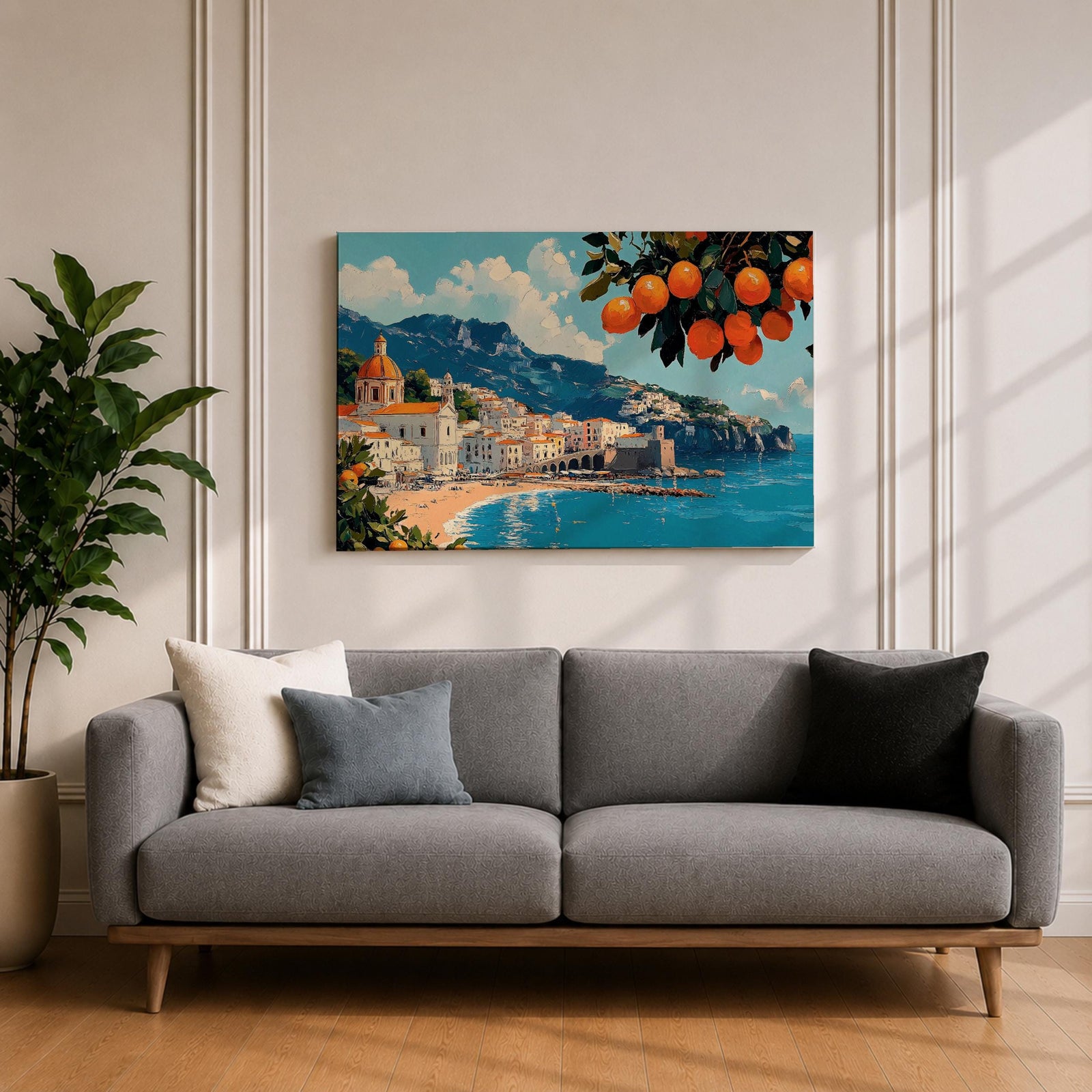 Amalfi Coast Wall Art Positano Italy Framed Canvas Mediterranean Seascape Living Room Decor