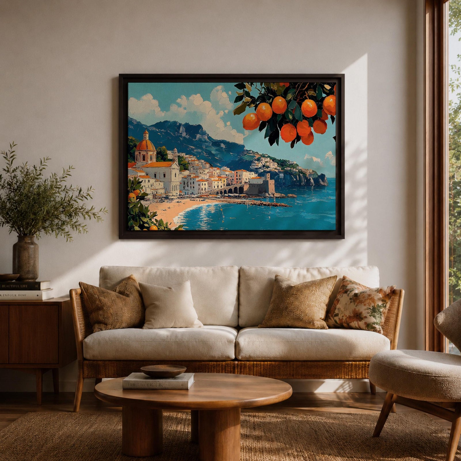 Amalfi Coast Wall Art Positano Italy Framed Canvas Mediterranean Seascape Living Room Decor