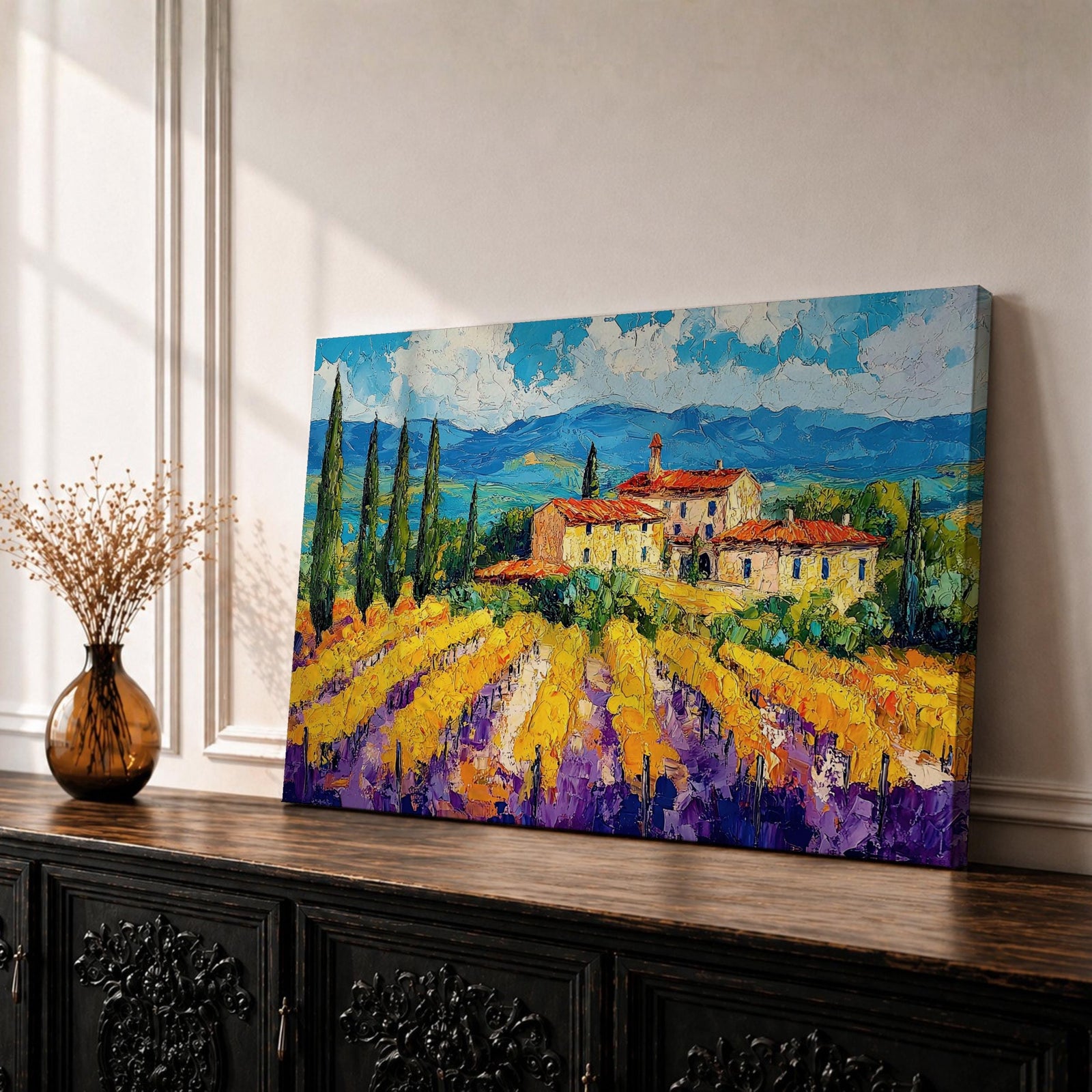 Vineyard Landscape Wall Art Tuscan Vineyard Framed Canvas Mediterranean Countryside Rustic Home Decor