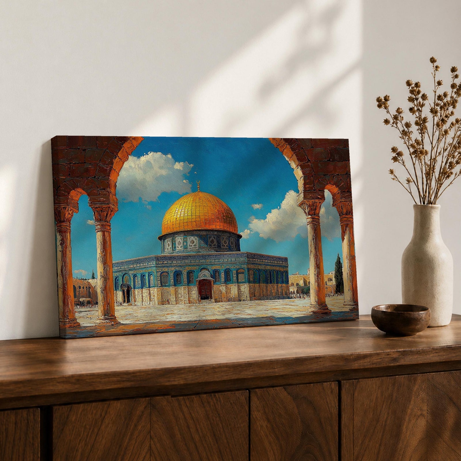 Masjid Al Aqsa Wall Art Arch View Framed Canvas Qubbat Sakhrah Impasto Islamic Decor