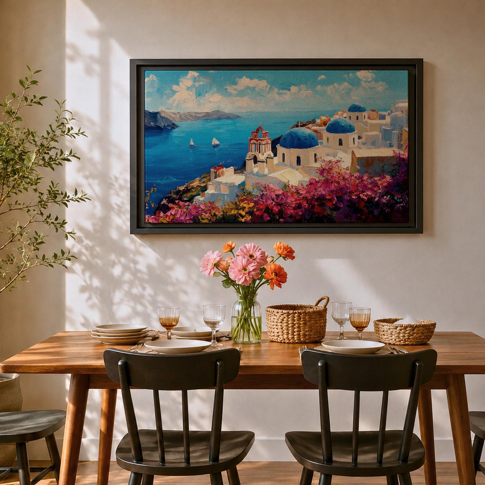 Santorini Wall Art Oia Greece Framed Canvas Greek Island Coastal Impasto Living Room Decor