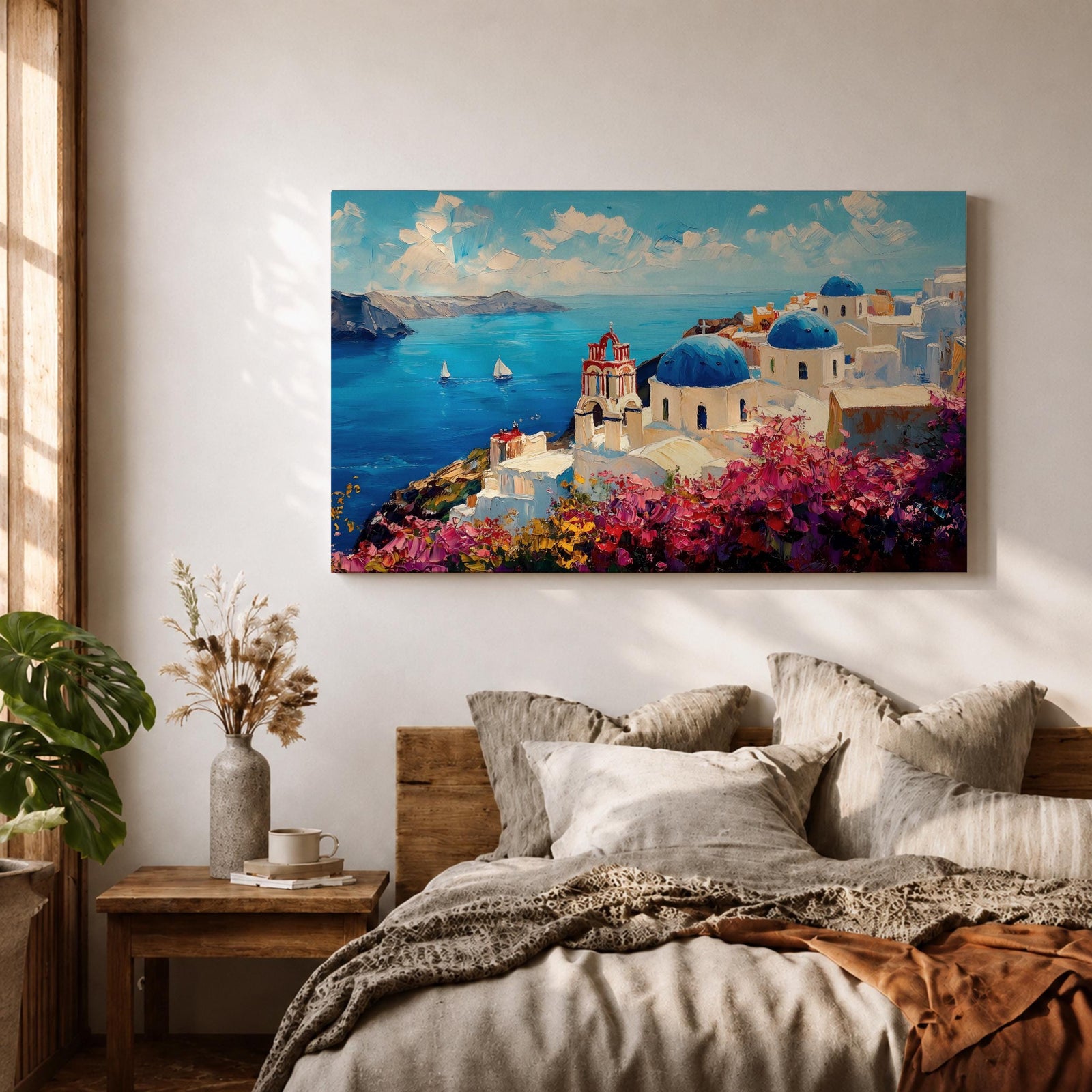 Santorini Wall Art Oia Greece Framed Canvas Greek Island Coastal Impasto Living Room Decor