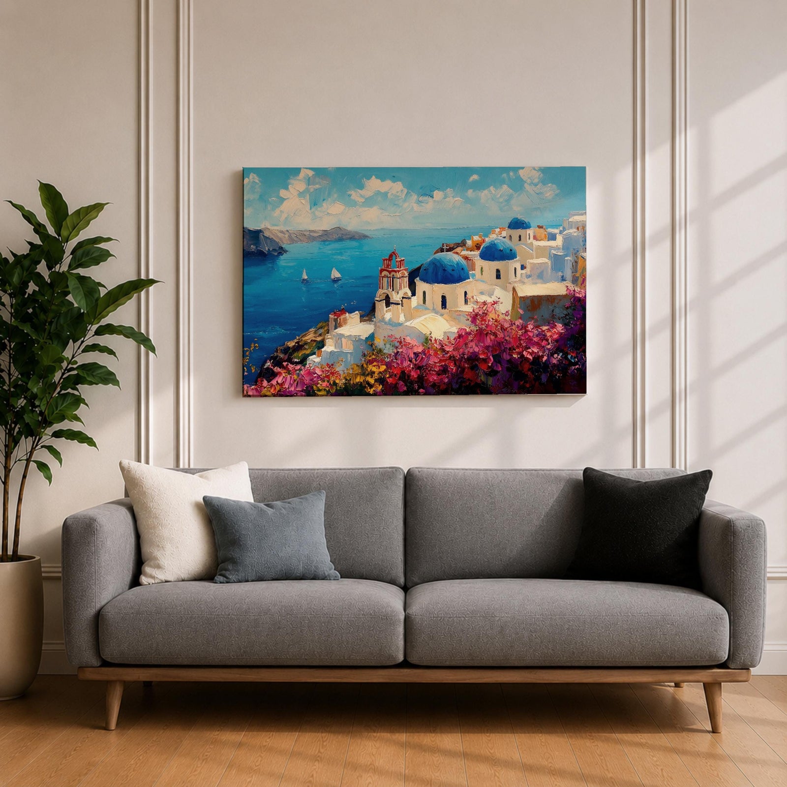 Santorini Wall Art Oia Greece Framed Canvas Greek Island Coastal Impasto Living Room Decor