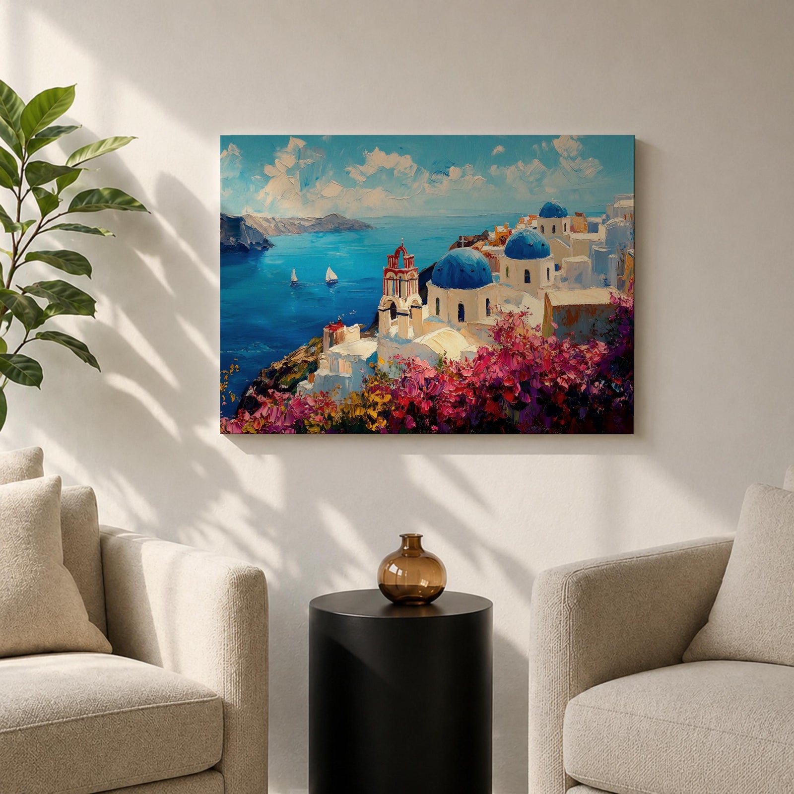Santorini Wall Art Oia Greece Framed Canvas Greek Island Coastal Impasto Living Room Decor