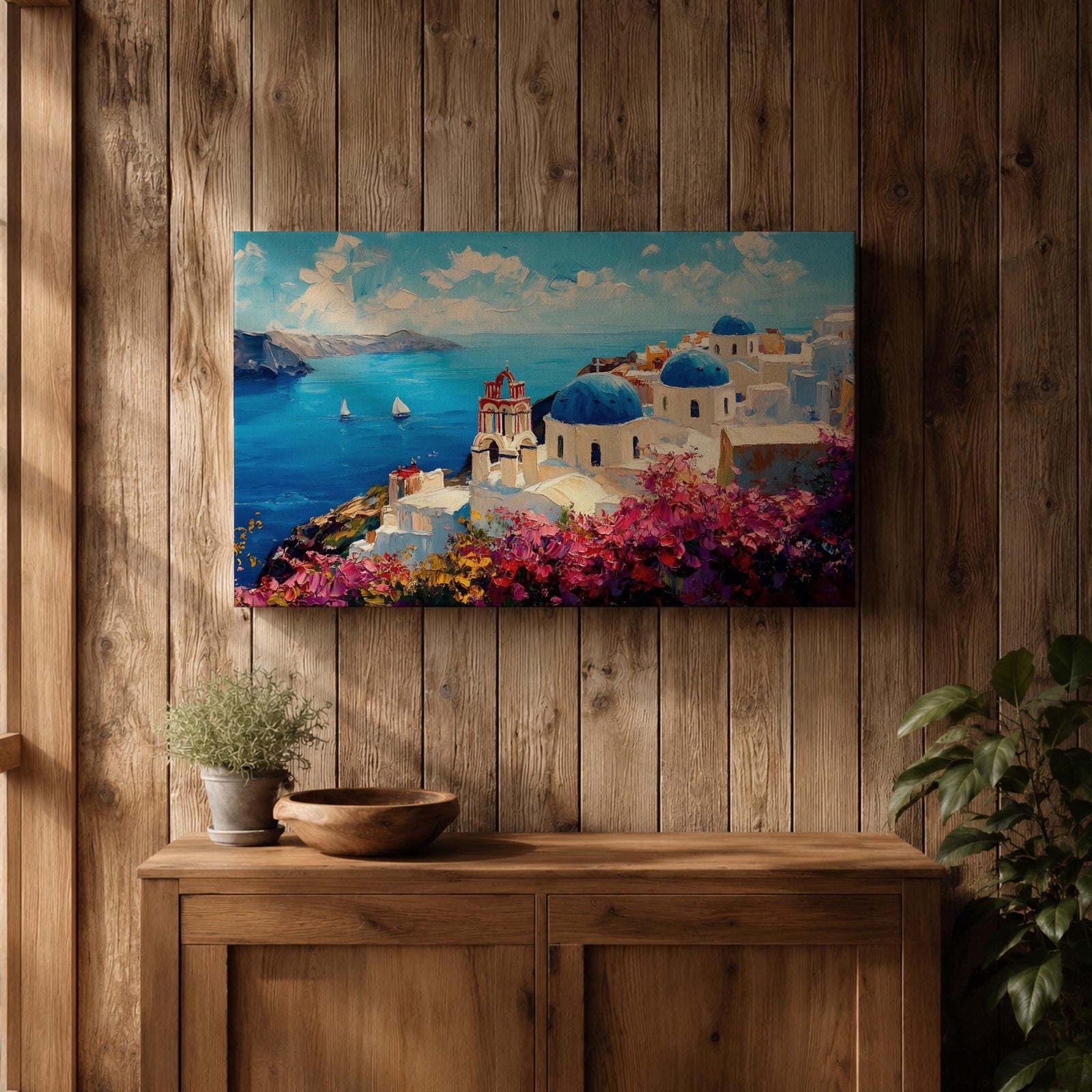 Santorini Wall Art Oia Greece Framed Canvas Greek Island Coastal Impasto Living Room Decor
