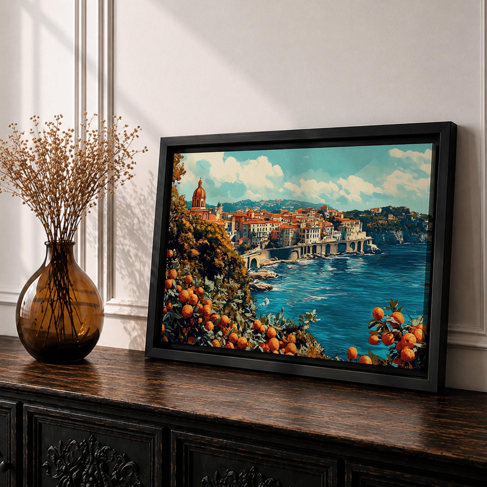 Amalfi Coast Wall Art Sorrento Italy Framed Canvas Mediterranean Coastal Living Room Decor