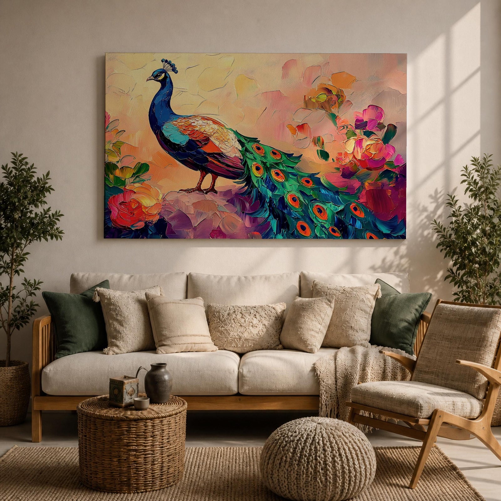 Peacock Wall Art Tropical Bird Framed Canvas Botanical Impasto Exotic Colorful Wildlife Bedroom Decor
