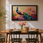 Peacock Wall Art Tropical Bird Framed Canvas Botanical Impasto Exotic Colorful Wildlife Bedroom Decor