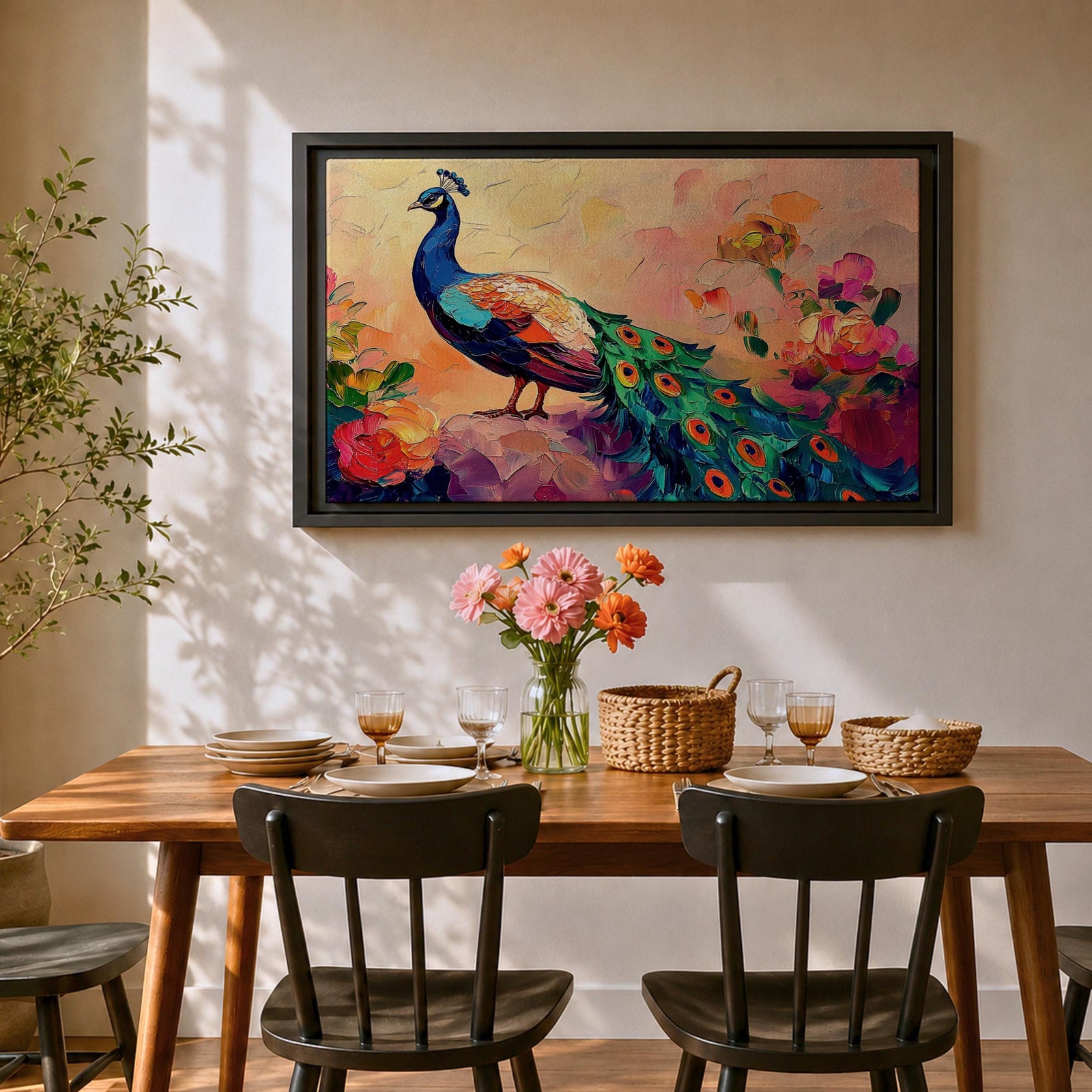 Peacock Wall Art Tropical Bird Framed Canvas Botanical Impasto Exotic Colorful Wildlife Bedroom Decor