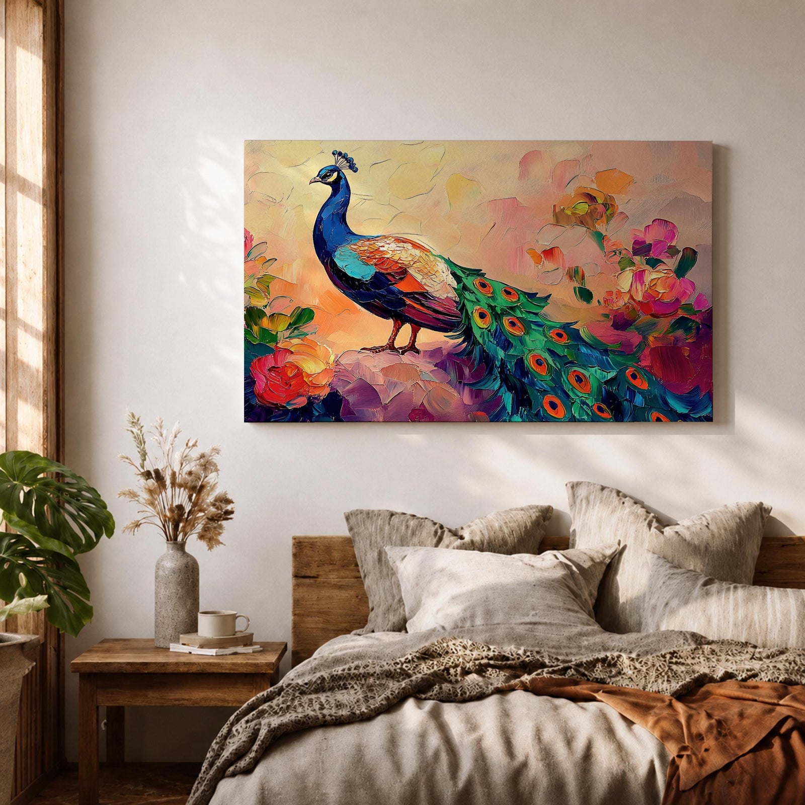 Peacock Wall Art Tropical Bird Framed Canvas Botanical Impasto Exotic Colorful Wildlife Bedroom Decor