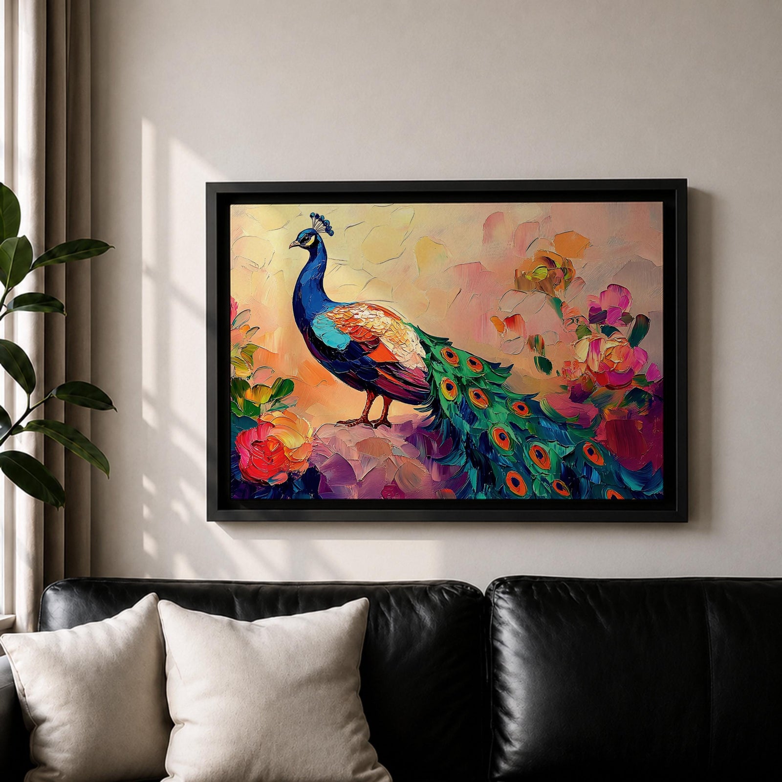 Peacock Wall Art Tropical Bird Framed Canvas Botanical Impasto Exotic Colorful Wildlife Bedroom Decor