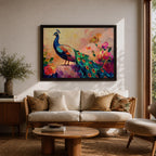 Peacock Wall Art Tropical Bird Framed Canvas Botanical Impasto Exotic Colorful Wildlife Bedroom Decor