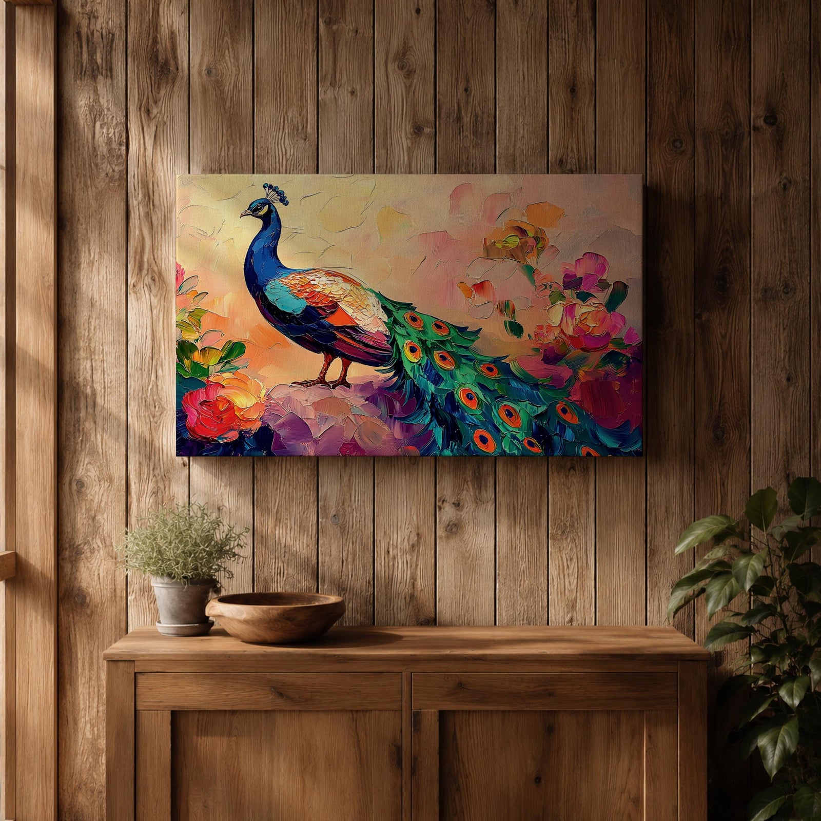 Peacock Wall Art Tropical Bird Framed Canvas Botanical Impasto Exotic Colorful Wildlife Bedroom Decor