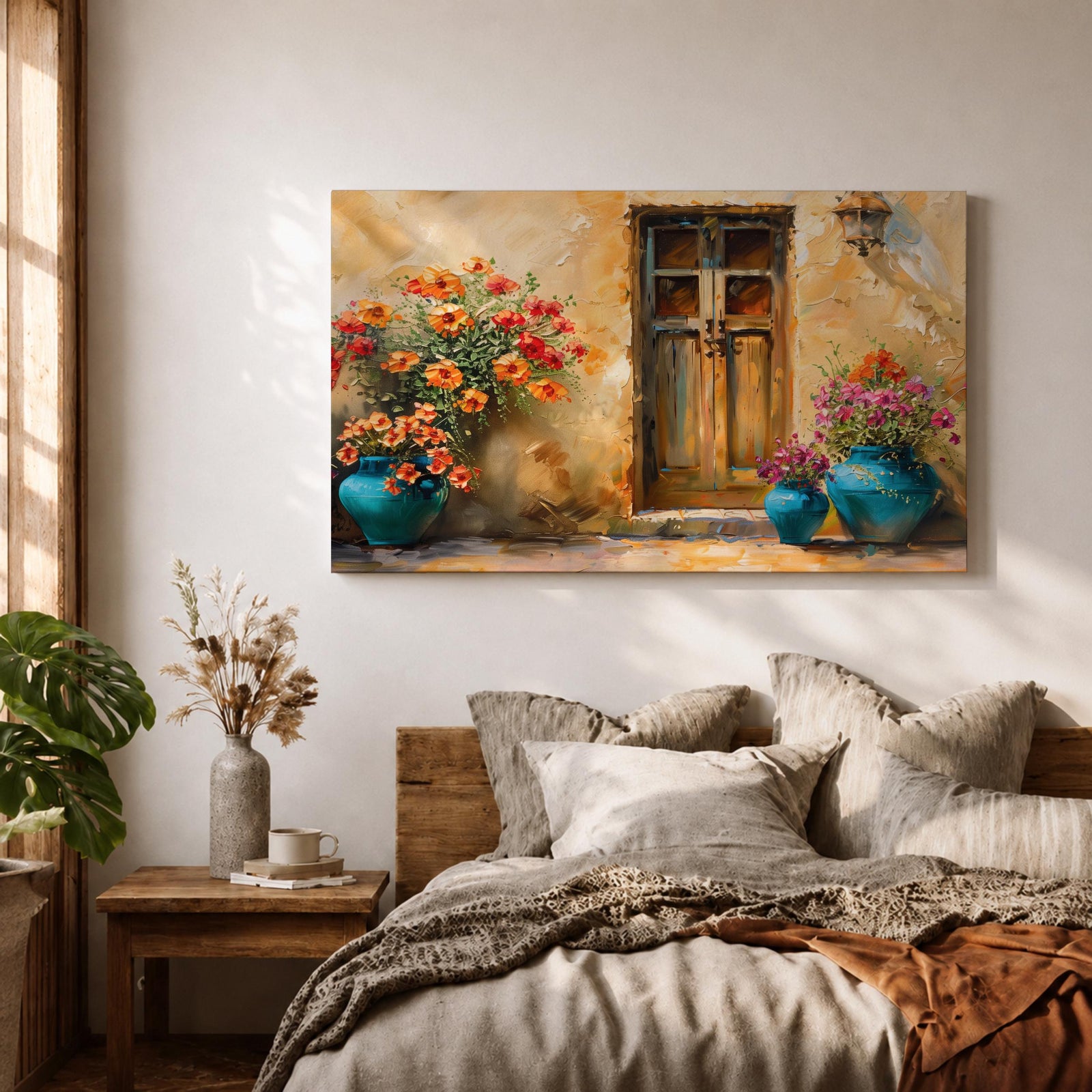 Mediterranean Doorway Wall Art Tuscan Door Framed Canvas Rustic Floral Boho Living Room Decor