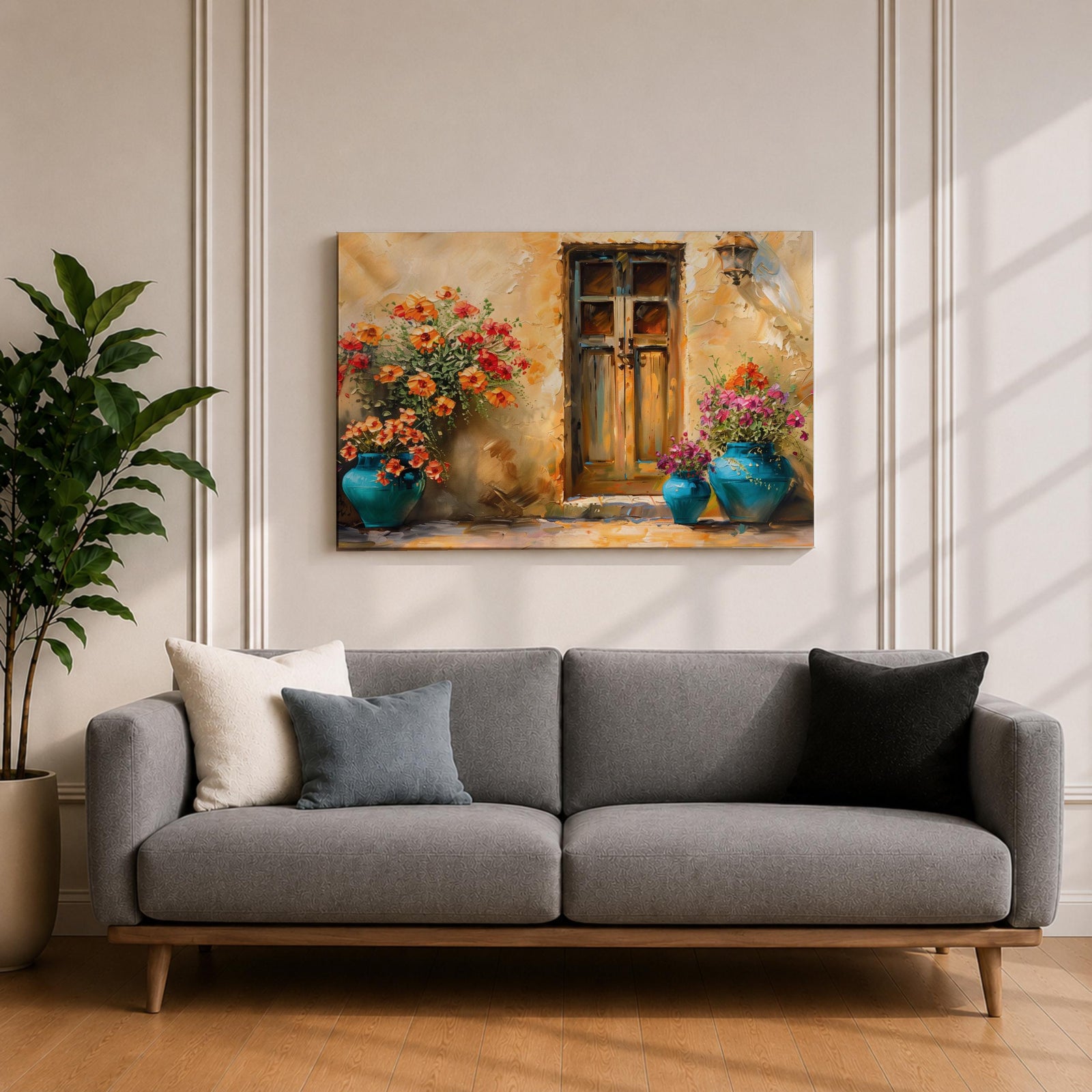 Mediterranean Doorway Wall Art Tuscan Door Framed Canvas Rustic Floral Boho Living Room Decor