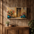 Mediterranean Doorway Wall Art Tuscan Door Framed Canvas Rustic Floral Boho Living Room Decor