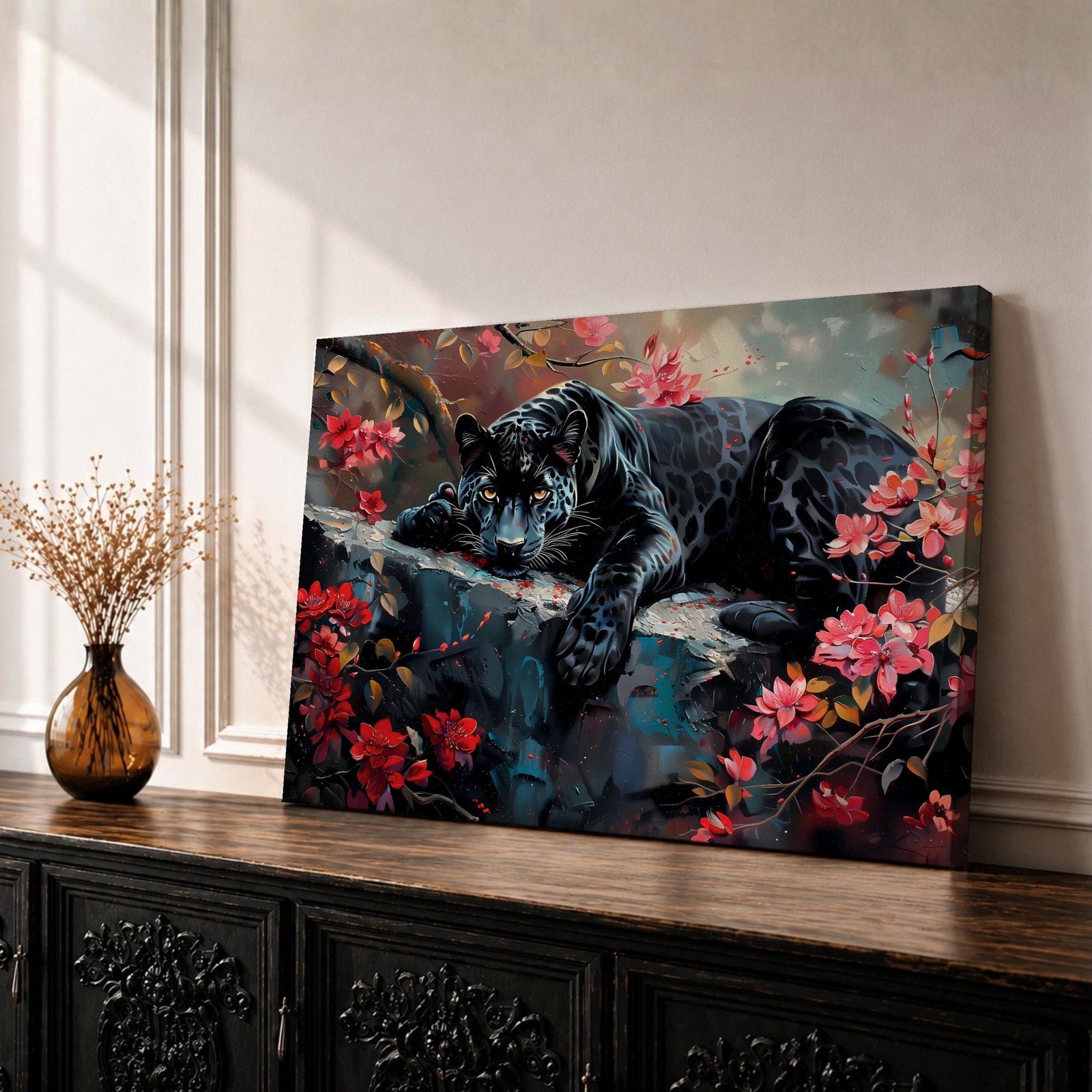 Black Panther Wall Art Melanistic Leopard Framed Canvas Jungle Wildlife Exotic Tropical Home Decor