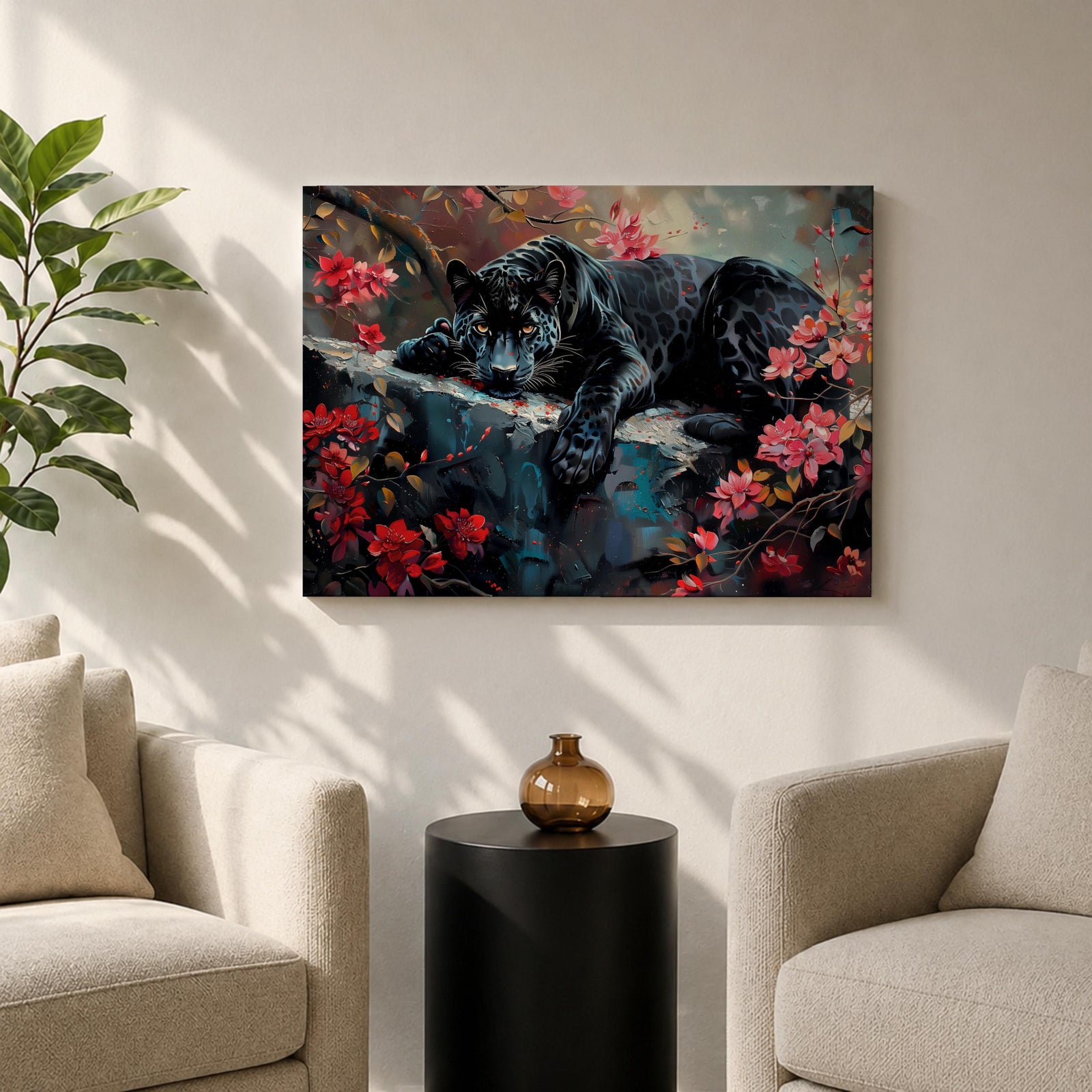 Black Panther Wall Art Melanistic Leopard Framed Canvas Jungle Wildlife Exotic Tropical Home Decor