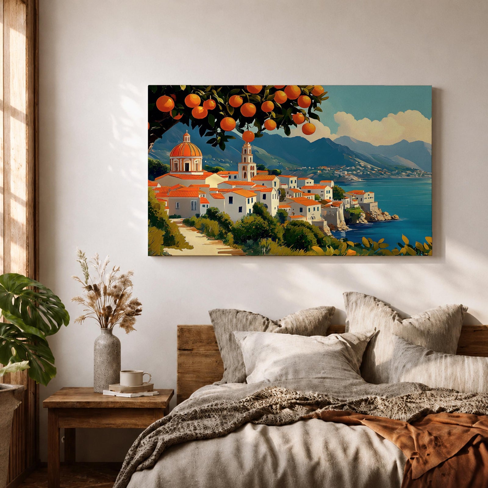 Amalfi Coast Wall Art Positano Italy Framed Canvas Mediterranean Impasto Living Room Decor