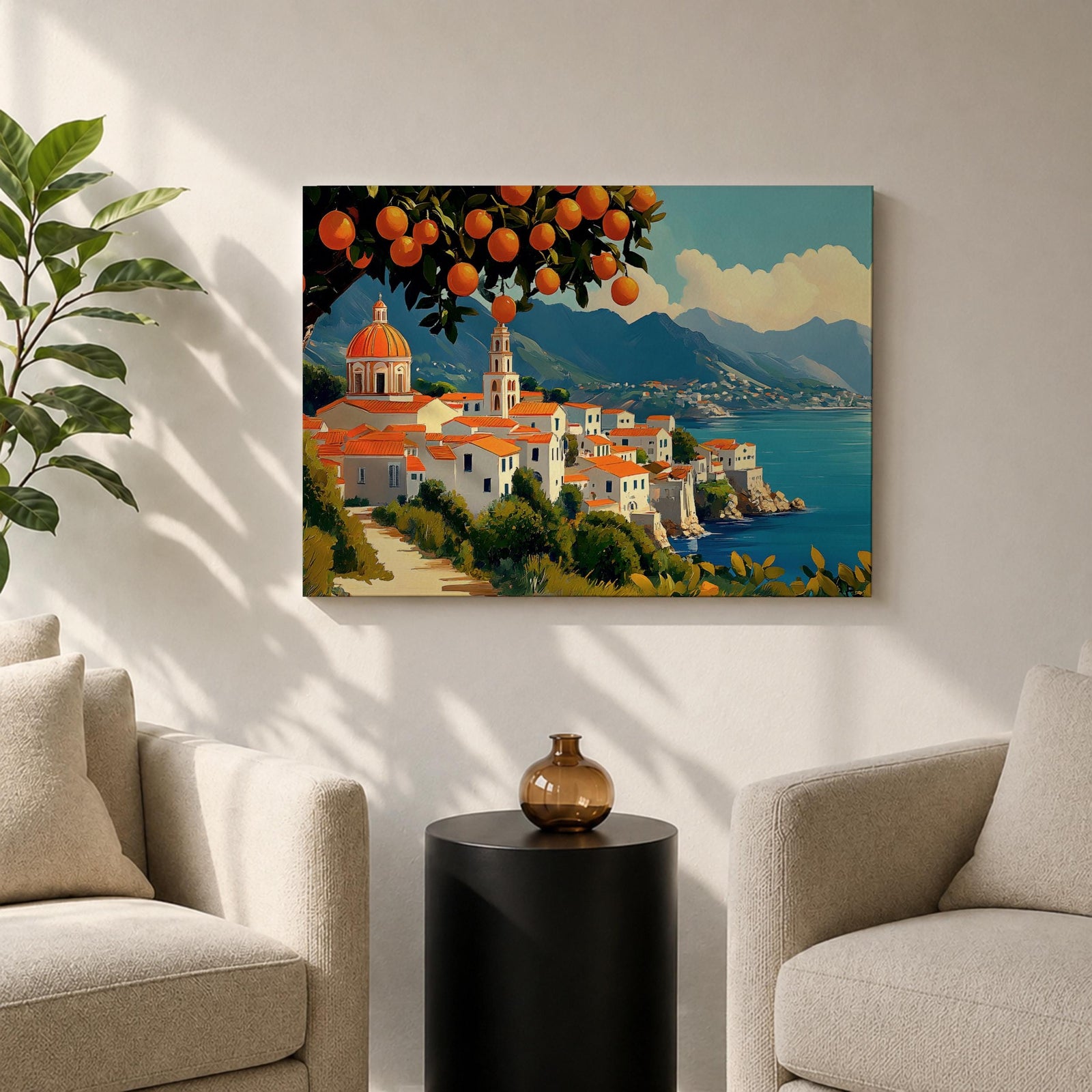 Amalfi Coast Wall Art Positano Italy Framed Canvas Mediterranean Impasto Living Room Decor