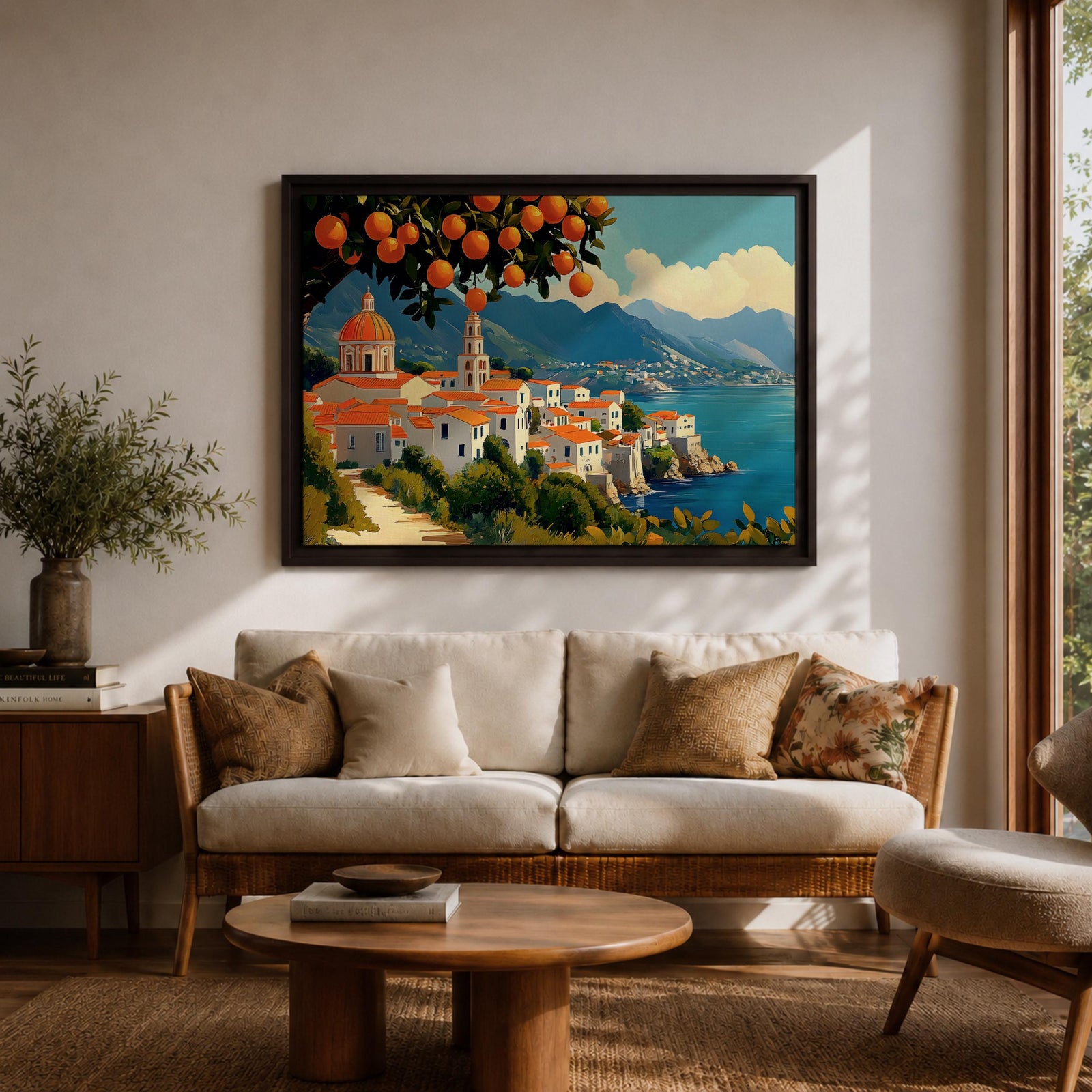 Amalfi Coast Wall Art Positano Italy Framed Canvas Mediterranean Impasto Living Room Decor