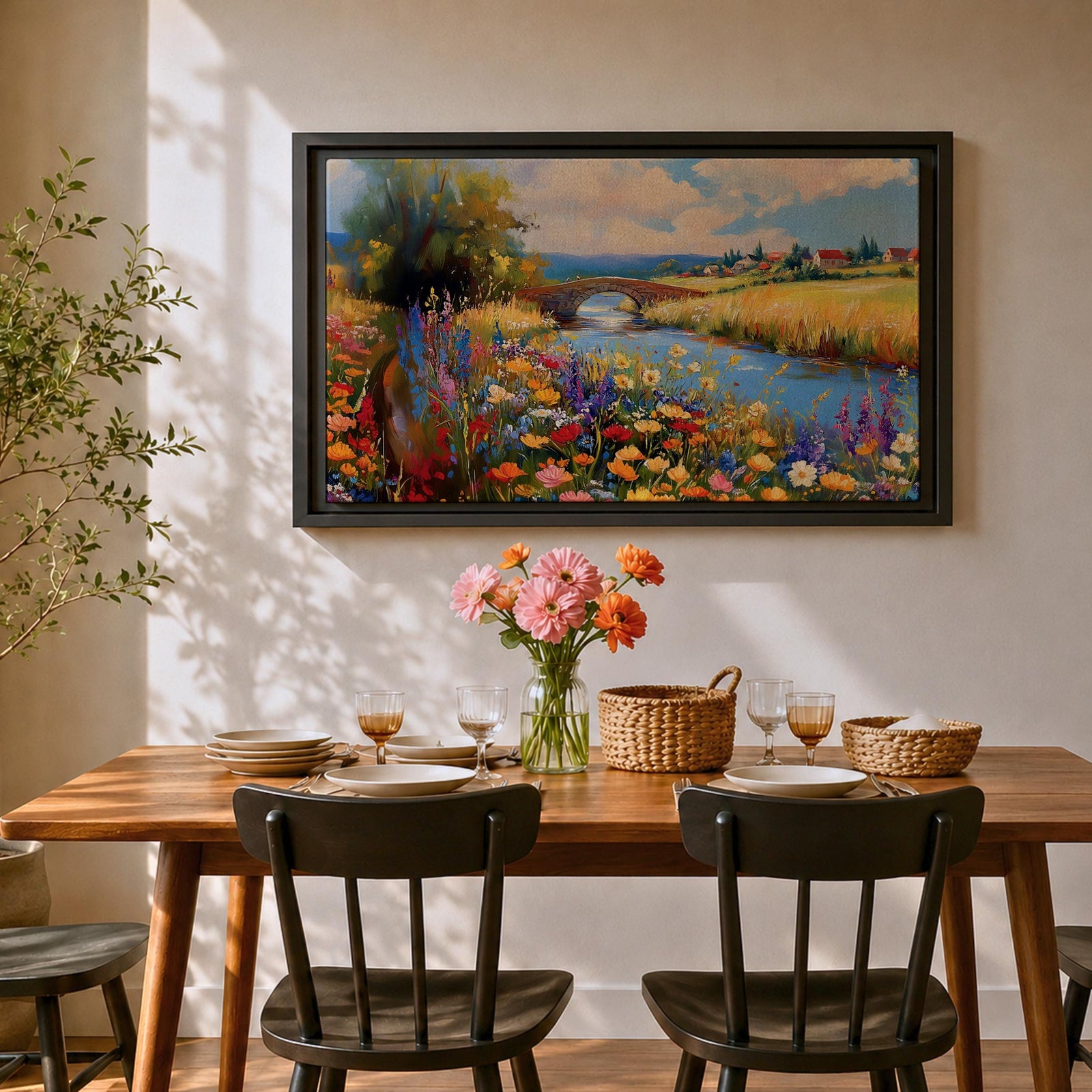 Countryside Landscape Wall Art Wildflower Meadow Framed Canvas Rustic Farmhouse Decor