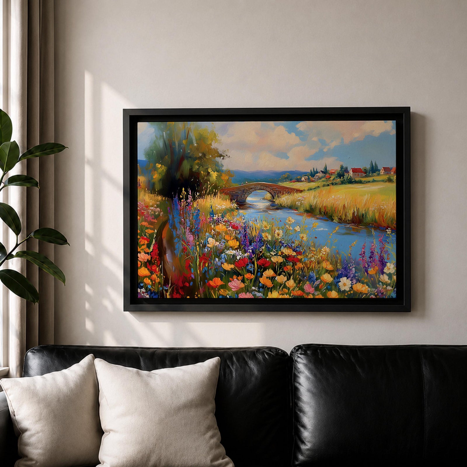 Countryside Landscape Wall Art Wildflower Meadow Framed Canvas Rustic Farmhouse Decor
