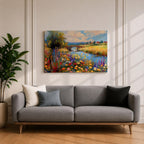 Countryside Landscape Wall Art Wildflower Meadow Framed Canvas Rustic Farmhouse Decor