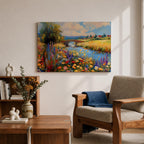 Countryside Landscape Wall Art Wildflower Meadow Framed Canvas Rustic Farmhouse Decor