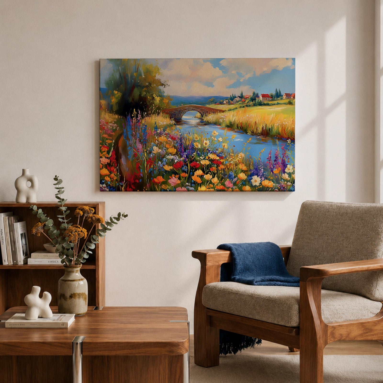 Countryside Landscape Wall Art Wildflower Meadow Framed Canvas Rustic Farmhouse Decor