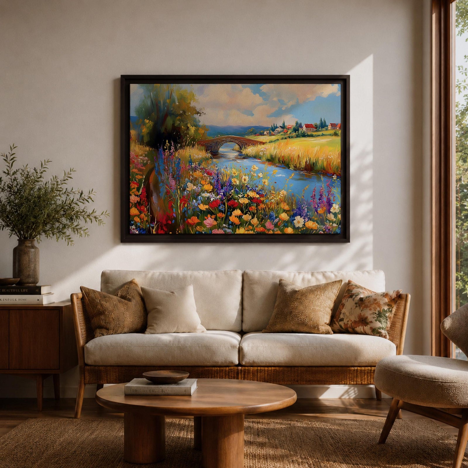 Countryside Landscape Wall Art Wildflower Meadow Framed Canvas Rustic Farmhouse Decor