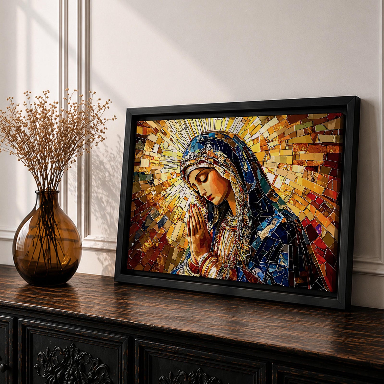 Virgin Mary Wall Art Blessed Mother Framed Canvas Stained Glass Mosaic Catholic Home Decor
