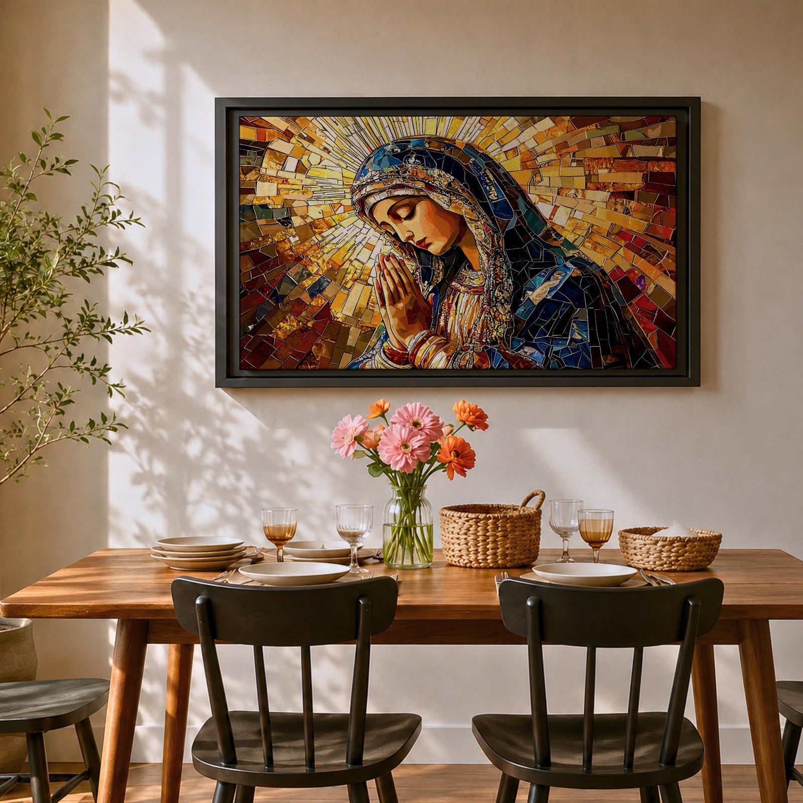 Virgin Mary Wall Art Blessed Mother Framed Canvas Stained Glass Mosaic Catholic Home Decor