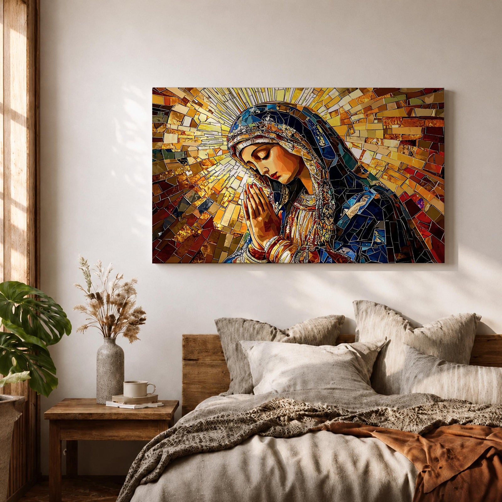 Virgin Mary Wall Art Blessed Mother Framed Canvas Stained Glass Mosaic Catholic Home Decor