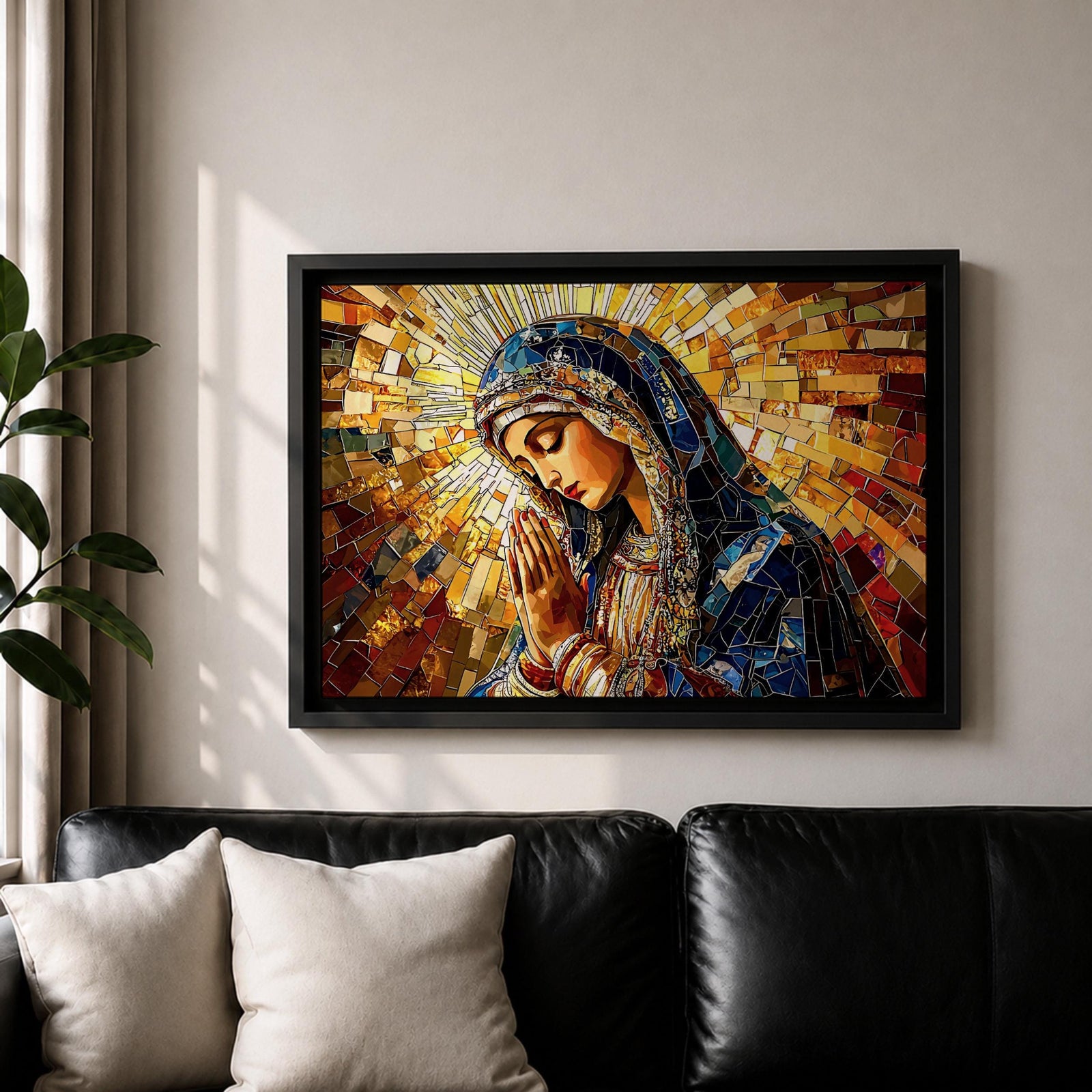 Virgin Mary Wall Art Blessed Mother Framed Canvas Stained Glass Mosaic Catholic Home Decor