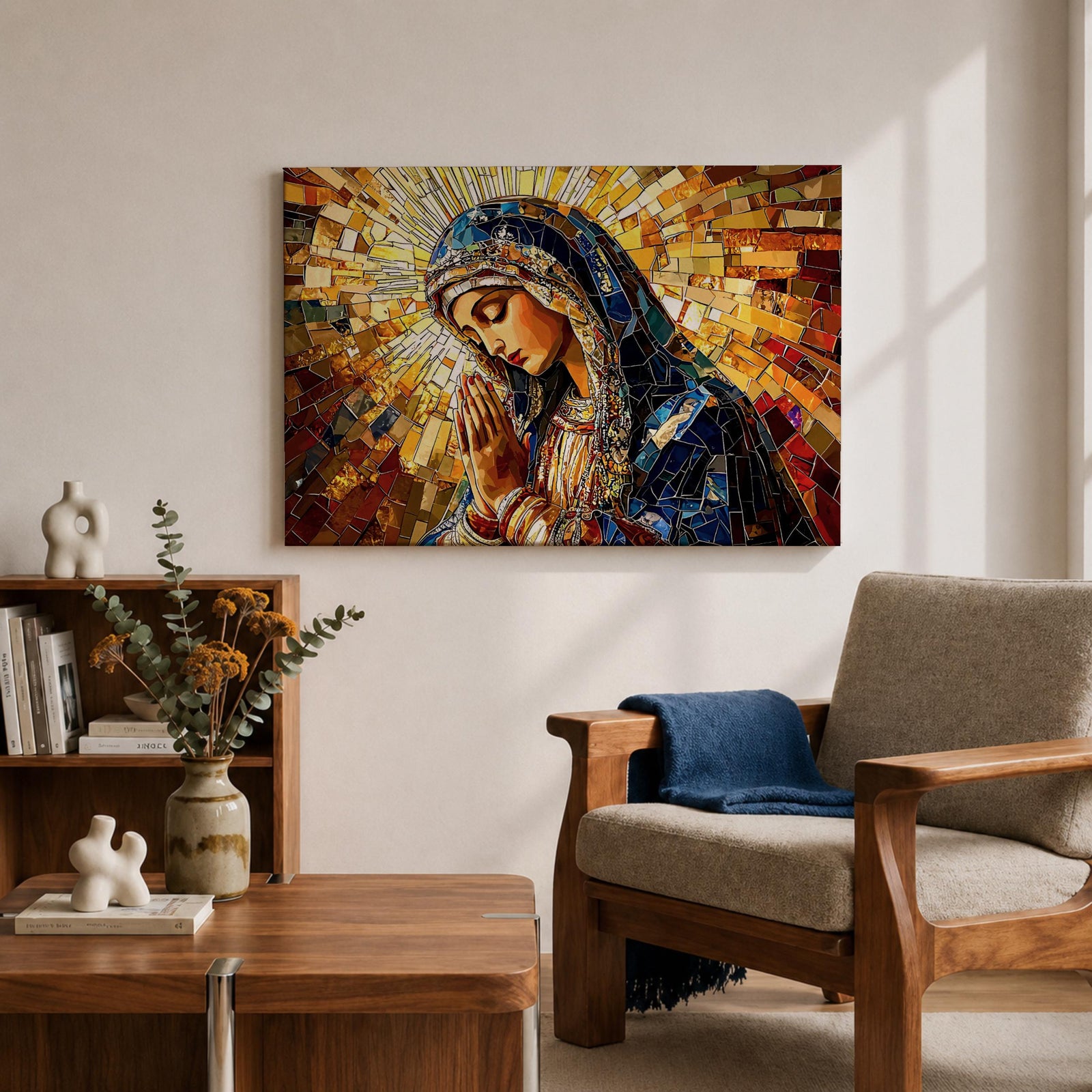 Virgin Mary Wall Art Blessed Mother Framed Canvas Stained Glass Mosaic Catholic Home Decor