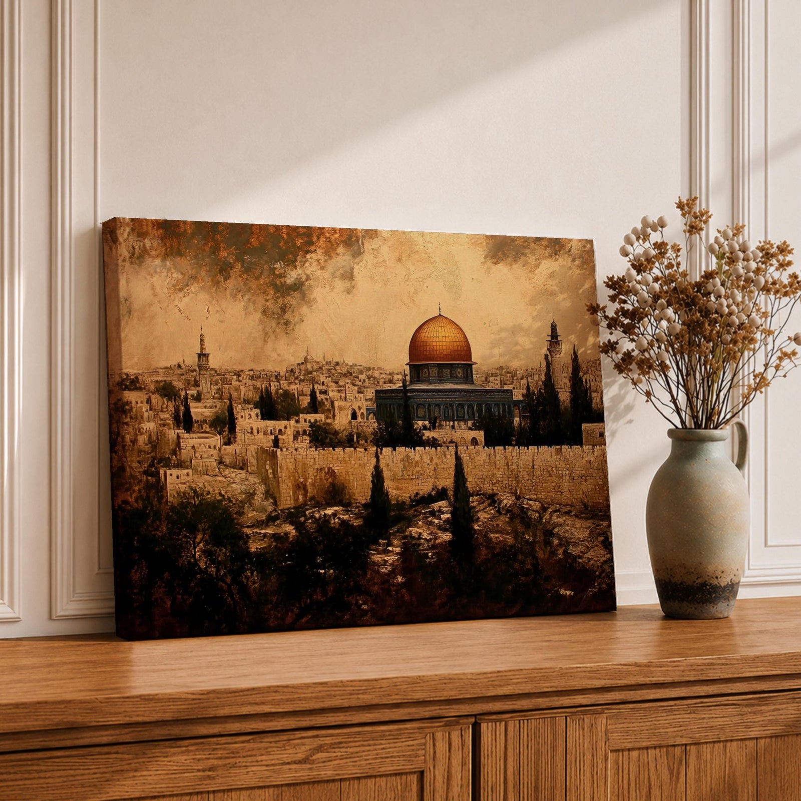 Masjid Aqsa Wall Art Jerusalem Skyline Framed Canvas Qubbat Al Sakhrah Vintage Islamic Decor