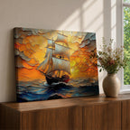 Sailing Ship Wall Art Sailboat Framed Canvas Ocean Sunset Impasto Nautical Home Decor