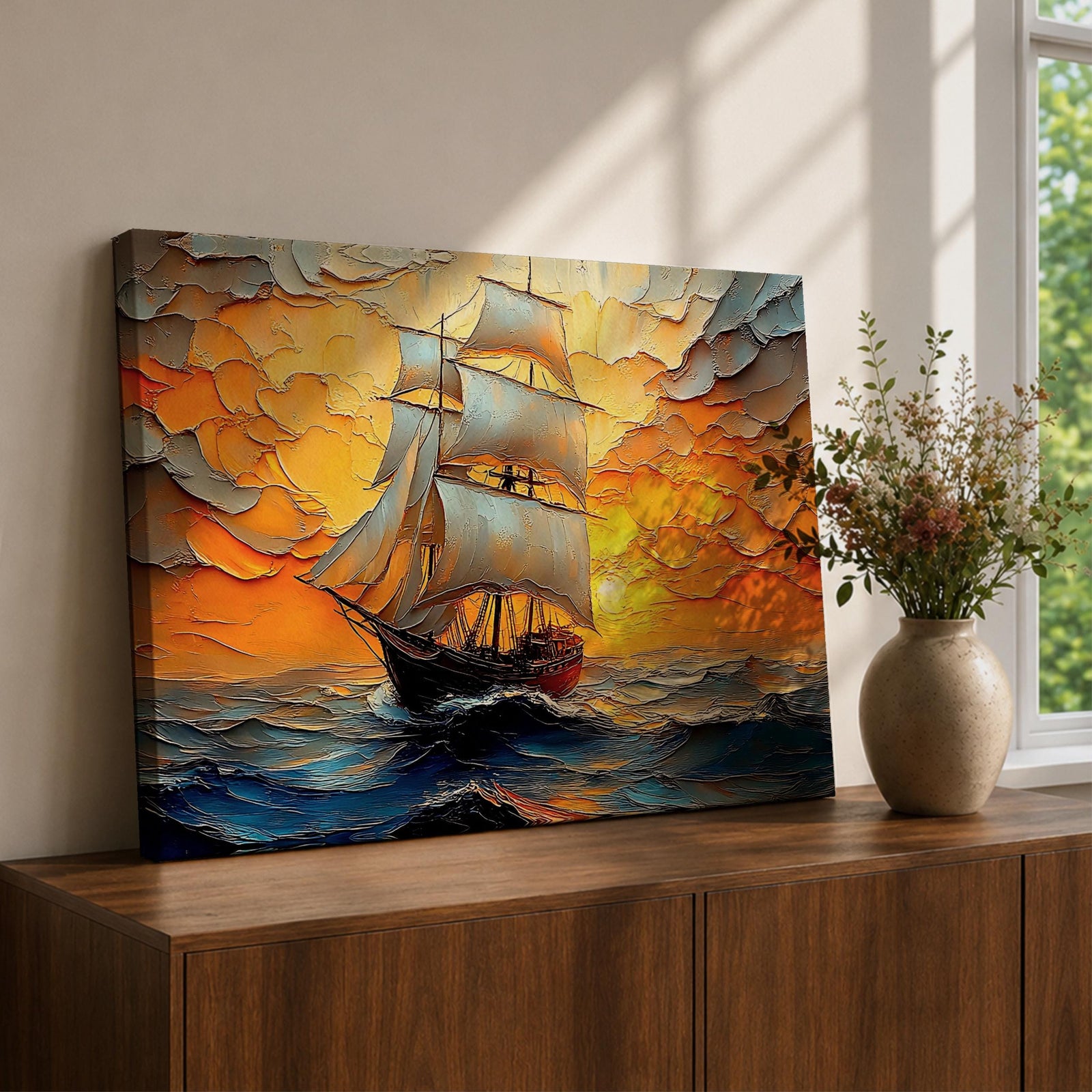 Sailing Ship Wall Art Sailboat Framed Canvas Ocean Sunset Impasto Nautical Home Decor