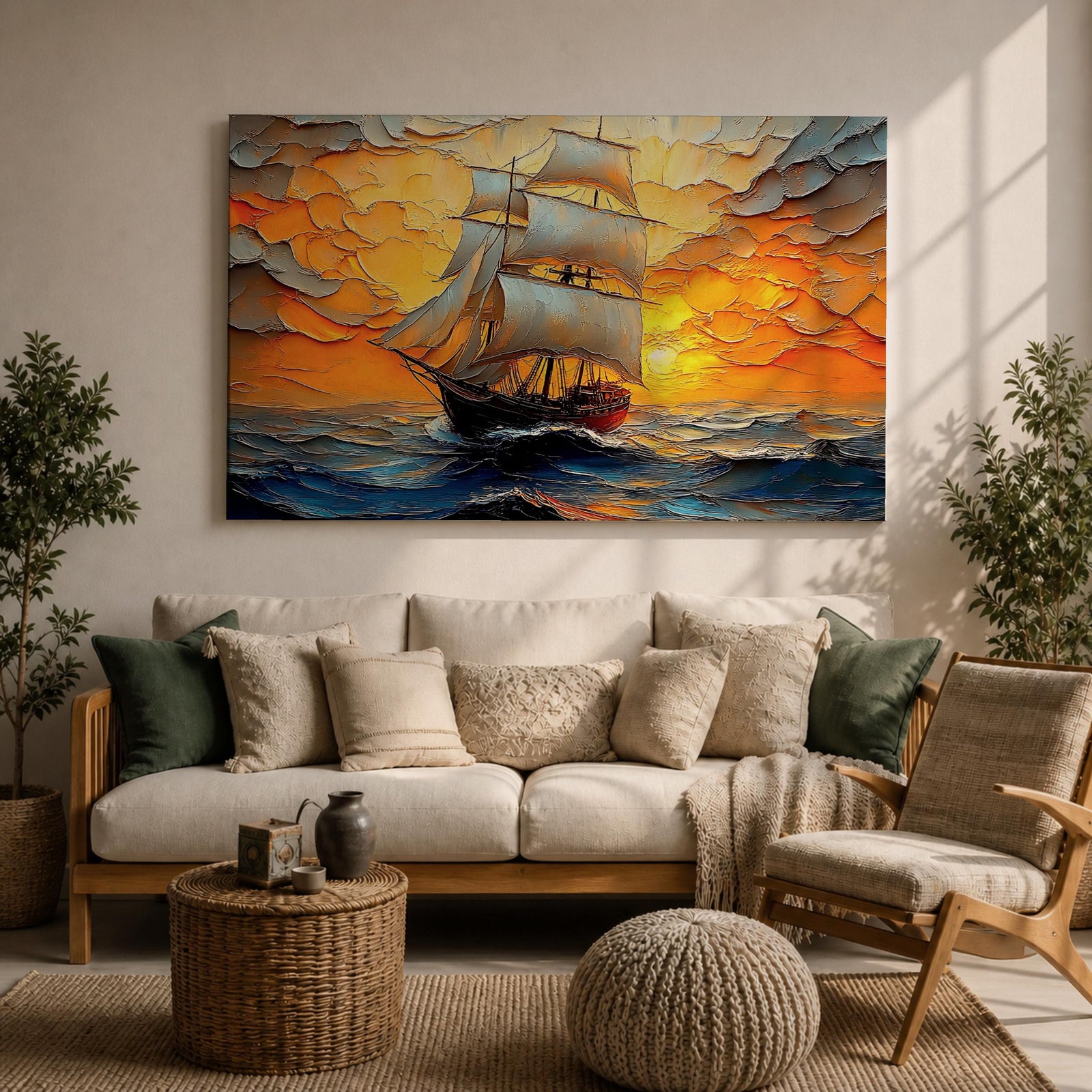 Sailing Ship Wall Art Sailboat Framed Canvas Ocean Sunset Impasto Nautical Home Decor
