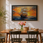 Sailing Ship Wall Art Sailboat Framed Canvas Ocean Sunset Impasto Nautical Home Decor