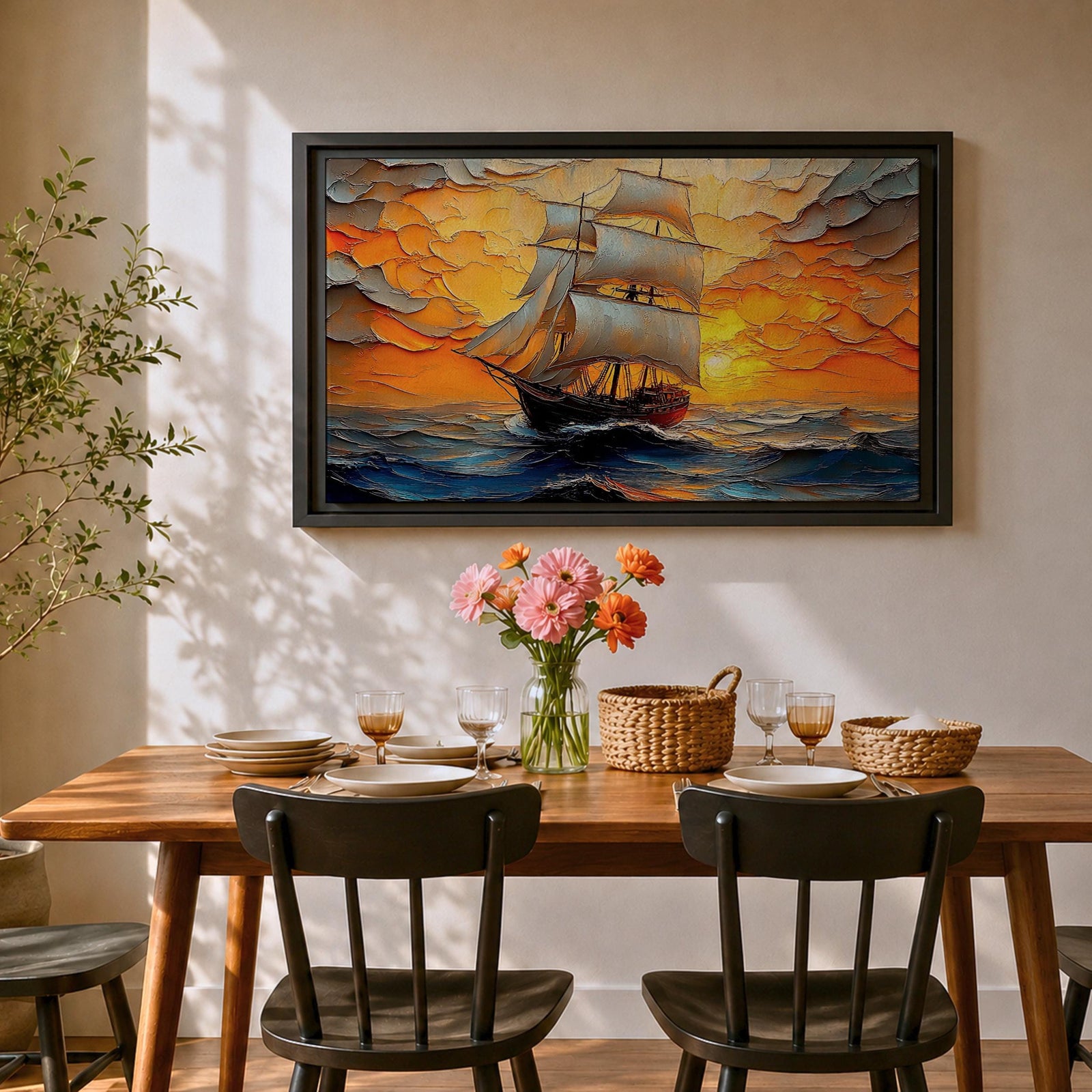Sailing Ship Wall Art Sailboat Framed Canvas Ocean Sunset Impasto Nautical Home Decor