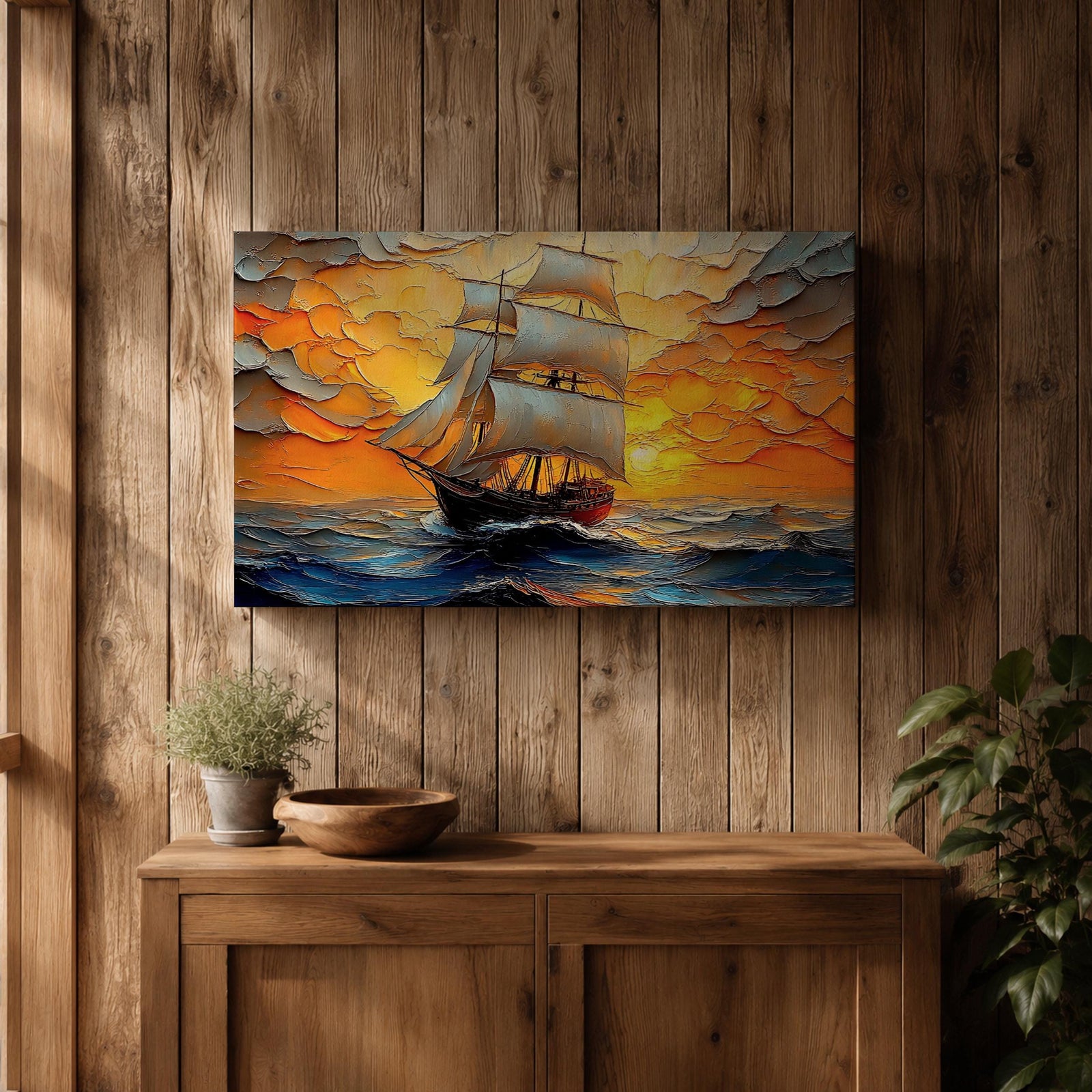 Sailing Ship Wall Art Sailboat Framed Canvas Ocean Sunset Impasto Nautical Home Decor