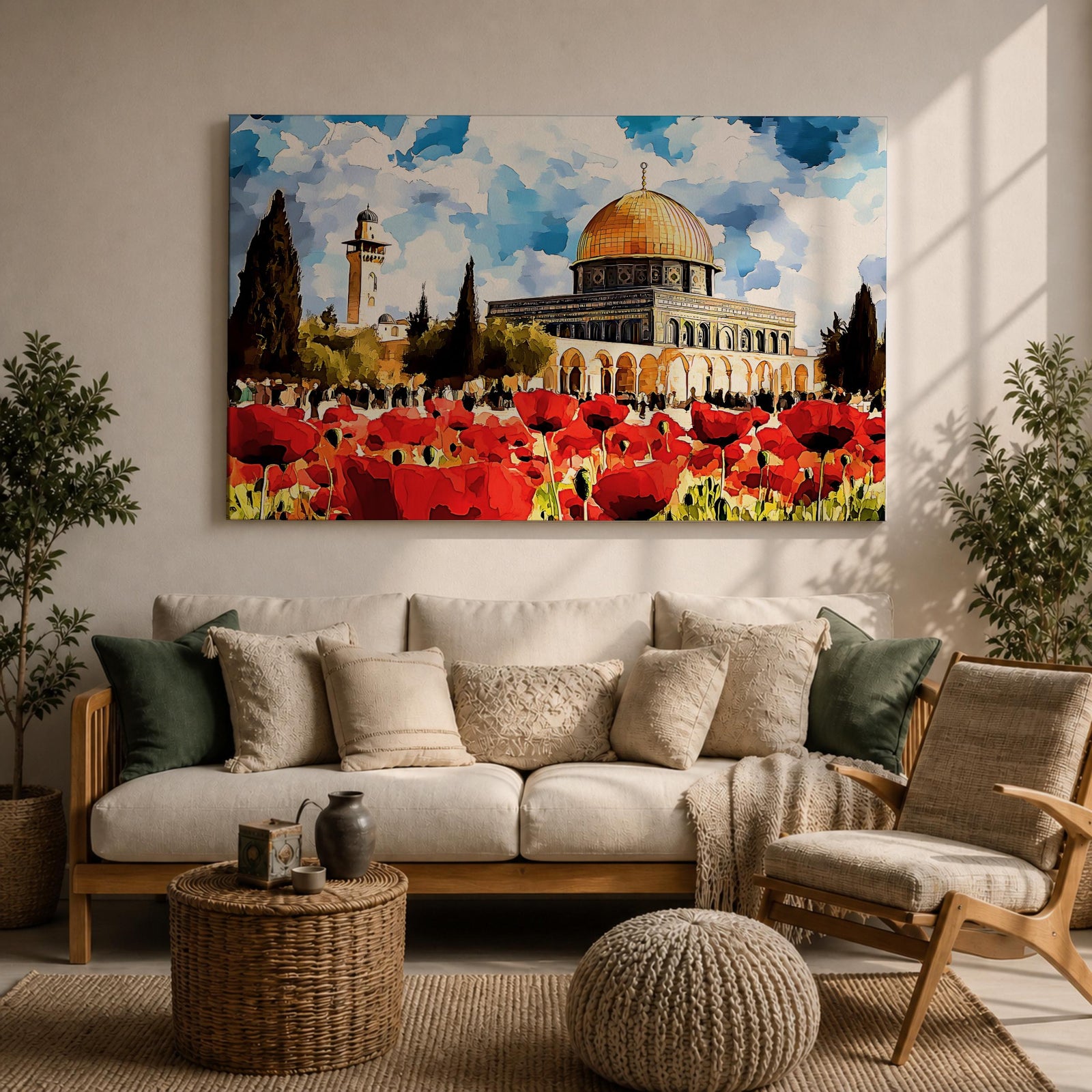 Masjid Aqsa Wall Art Jerusalem Poppy Field Framed Canvas Qubbat Al Sakhrah Islamic Decor