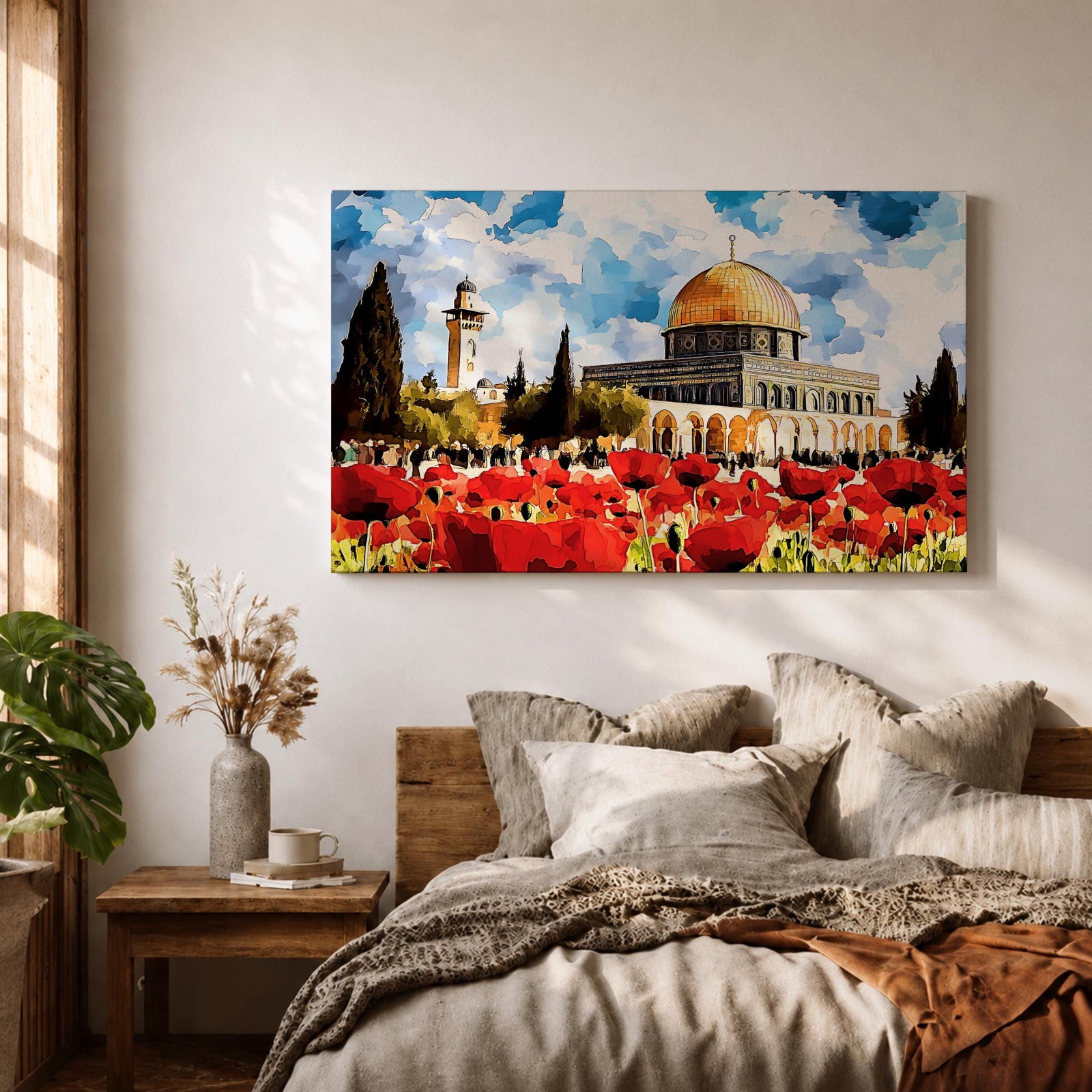 Masjid Aqsa Wall Art Jerusalem Poppy Field Framed Canvas Qubbat Al Sakhrah Islamic Decor