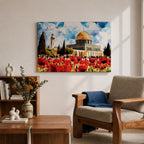 Masjid Aqsa Wall Art Jerusalem Poppy Field Framed Canvas Qubbat Al Sakhrah Islamic Decor